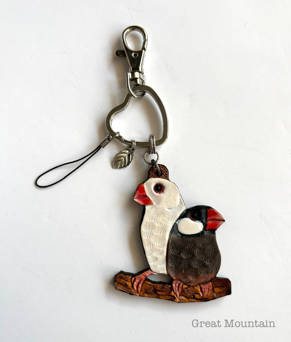 レザー製 鳥型チャーム ストラップ付き 白文鳥 桜文鳥 ペア 文鳥 革 鳥グッズ バッグ チャーム インコ 鳥