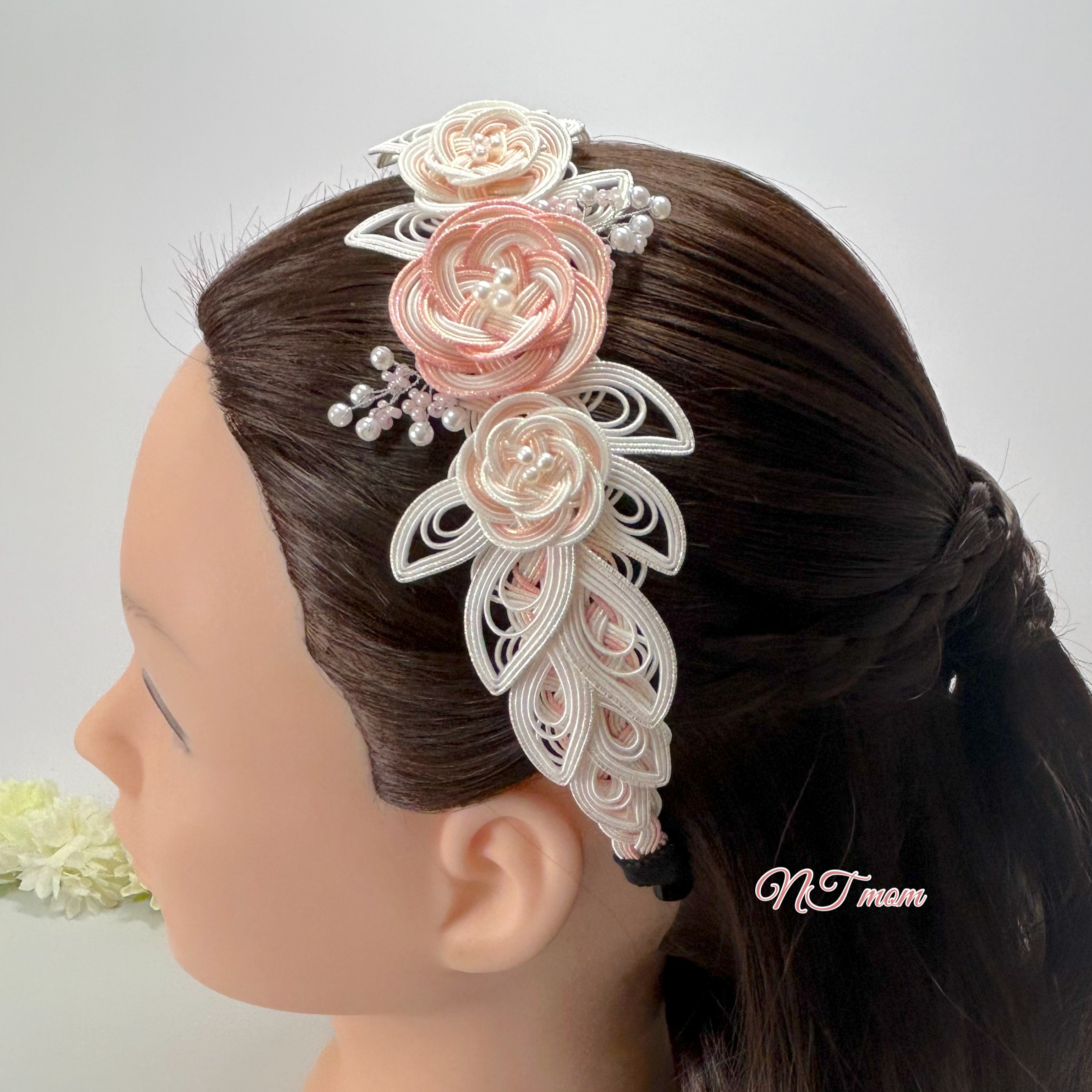 成人式卒業式結婚式・水引カチューシャ・五つ二重大梅・ピンクホワイト