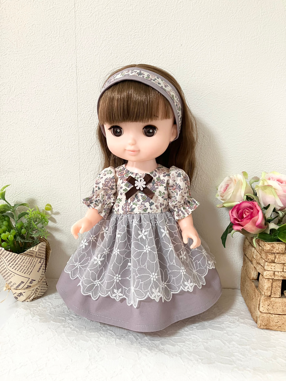 ハンドメイド　ドール服　ソランちゃんの服　ワンピース　リバティ リバティ生地の薄紫ワンピース☆26cmドール服 ＊ソランちゃん服 レミン