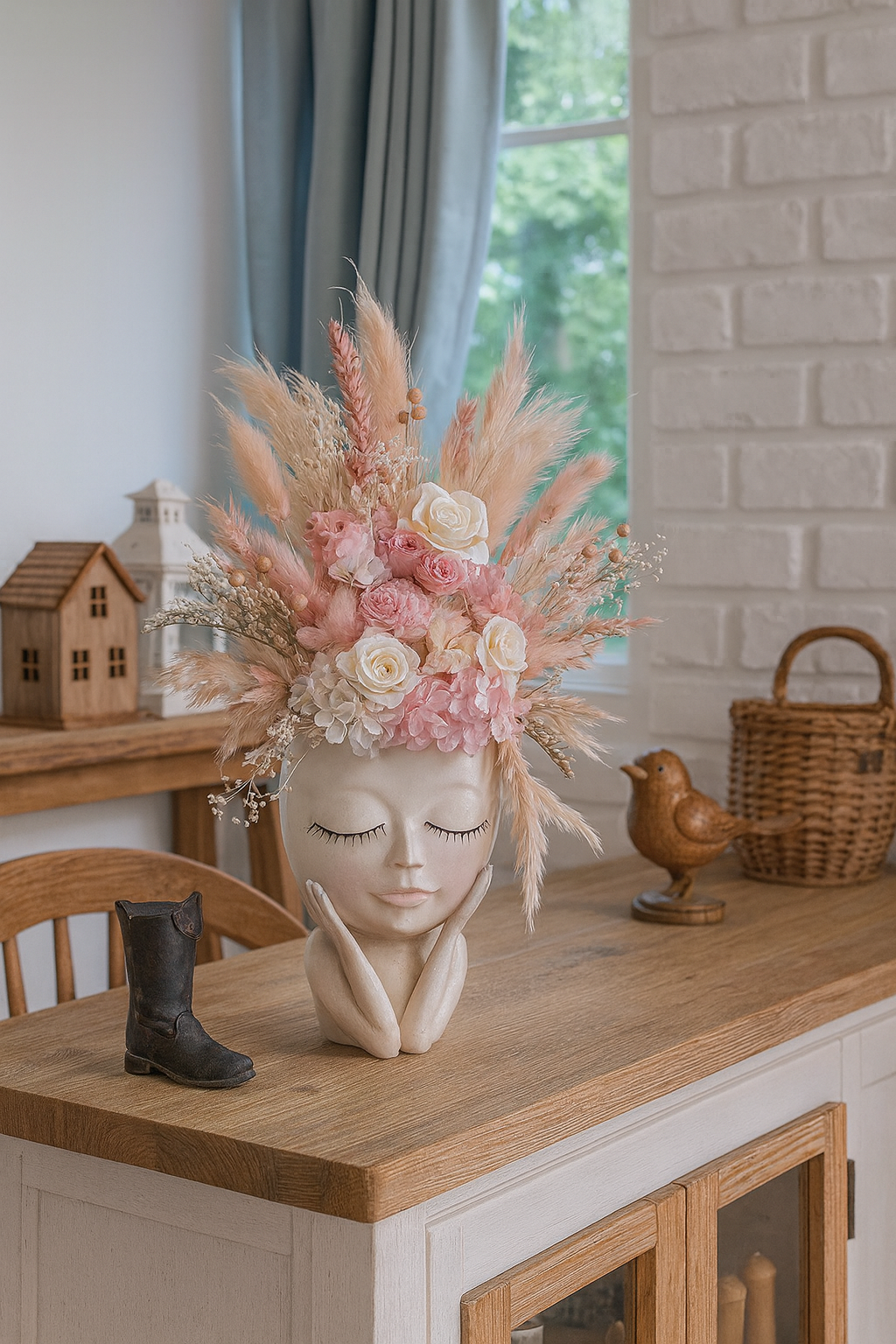 美しい女の子の花瓶とドライフラワーのアレンジメント