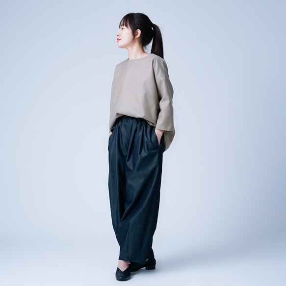 【soco】さらさらウール100% 背中ギャザー 7分袖トップス ／ ミルクティー t015d-mkt2 7枚目の画像