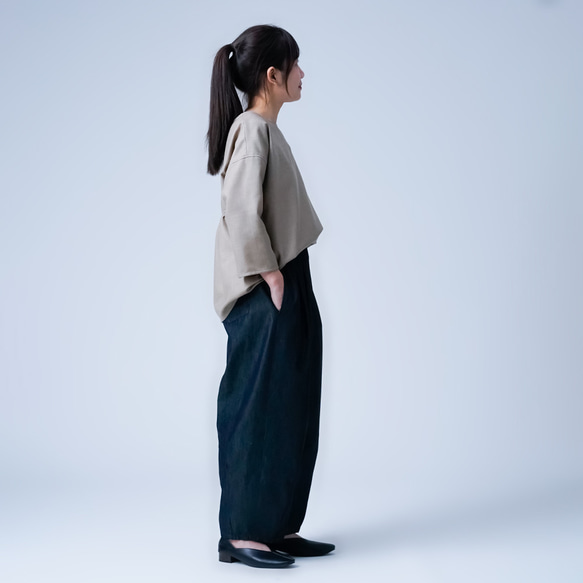 【soco】さらさらウール100% 背中ギャザー 7分袖トップス ／ ミルクティー t015d-mkt2 8枚目の画像