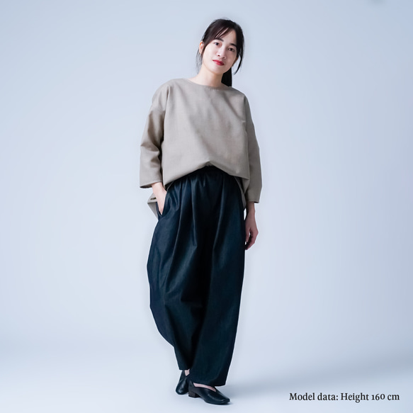 【soco】さらさらウール100% 背中ギャザー 7分袖トップス ／ ミルクティー t015d-mkt2 3枚目の画像