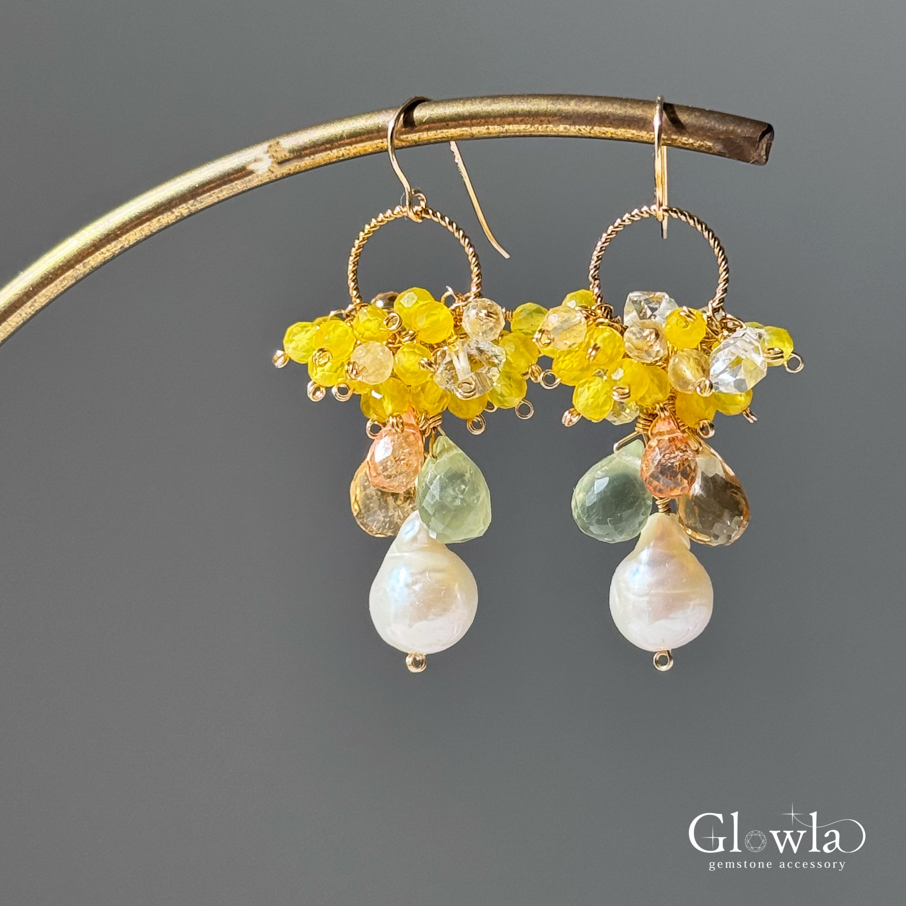 淡水パール・プレナイトの 春の花束ミモザデザイン 14kgfピアス/16kgpイヤリング他　天然石/高品質/ブーケ 5,772円