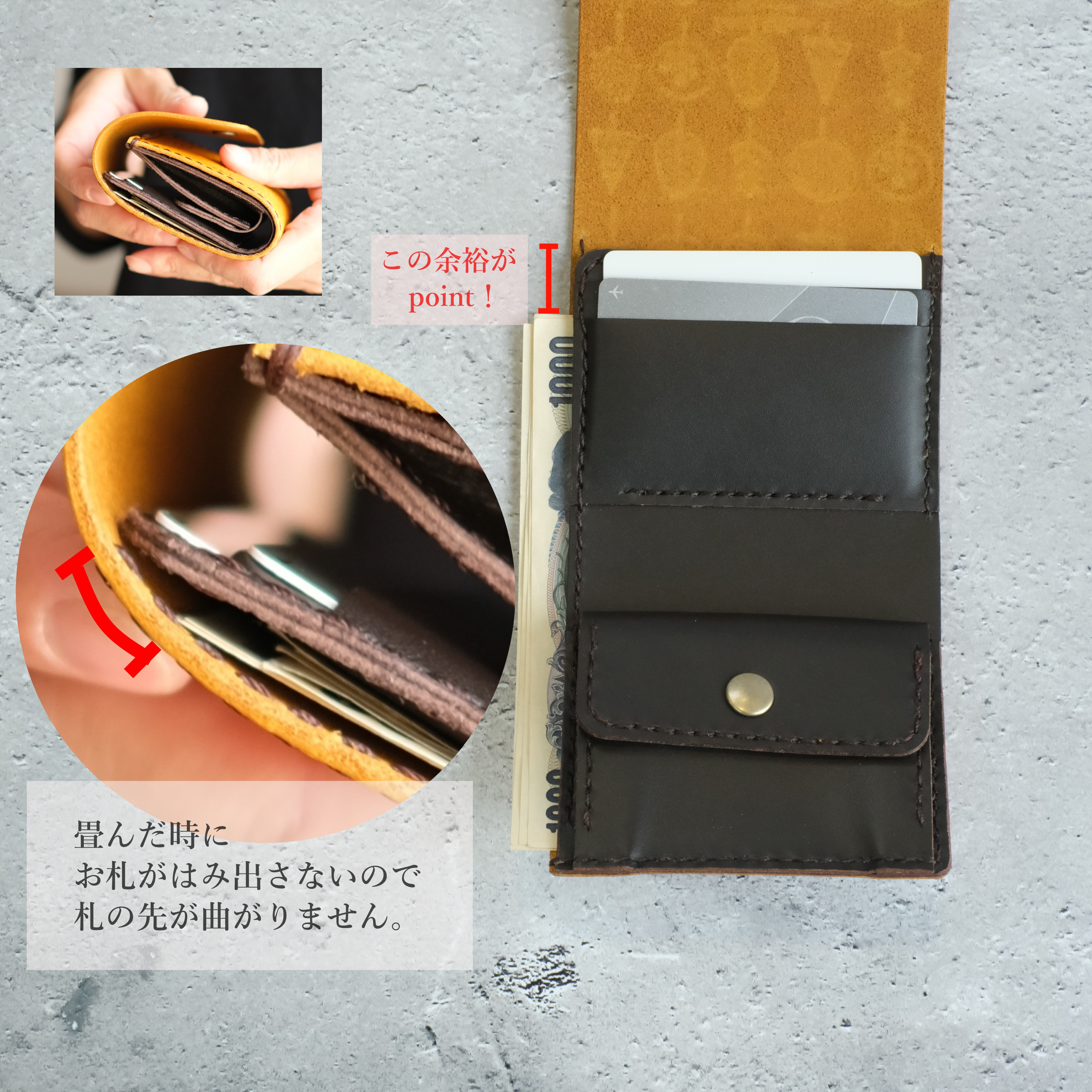 お札を折らない［猫のちいさなお財布　本革　手縫い　ミニ財布　三つ折り　4色　手縫い　春財布　猫　ネコ　ねこ