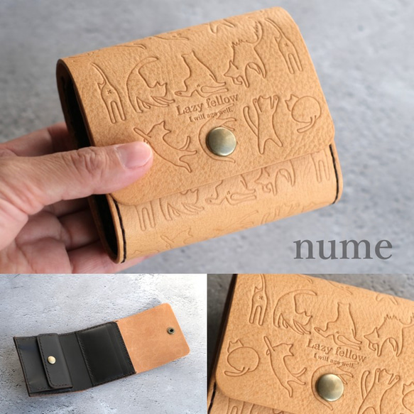 お札を折らない　猫好きのための猫のちいさなお財布　本革　手縫い　ミニ財布　三つ折り　納期約1週間　選べる４色 13枚目の画像