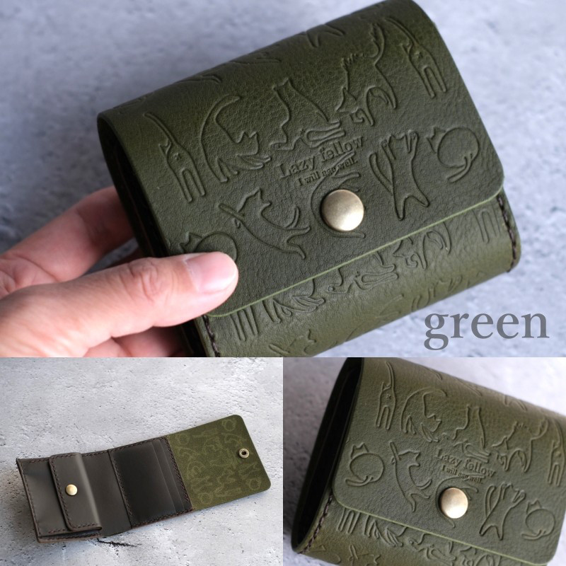 お札を折らない［猫のちいさなお財布　本革　手縫い　ミニ財布　三つ折り　4色　手縫い　春財布　猫　ネコ　ねこ