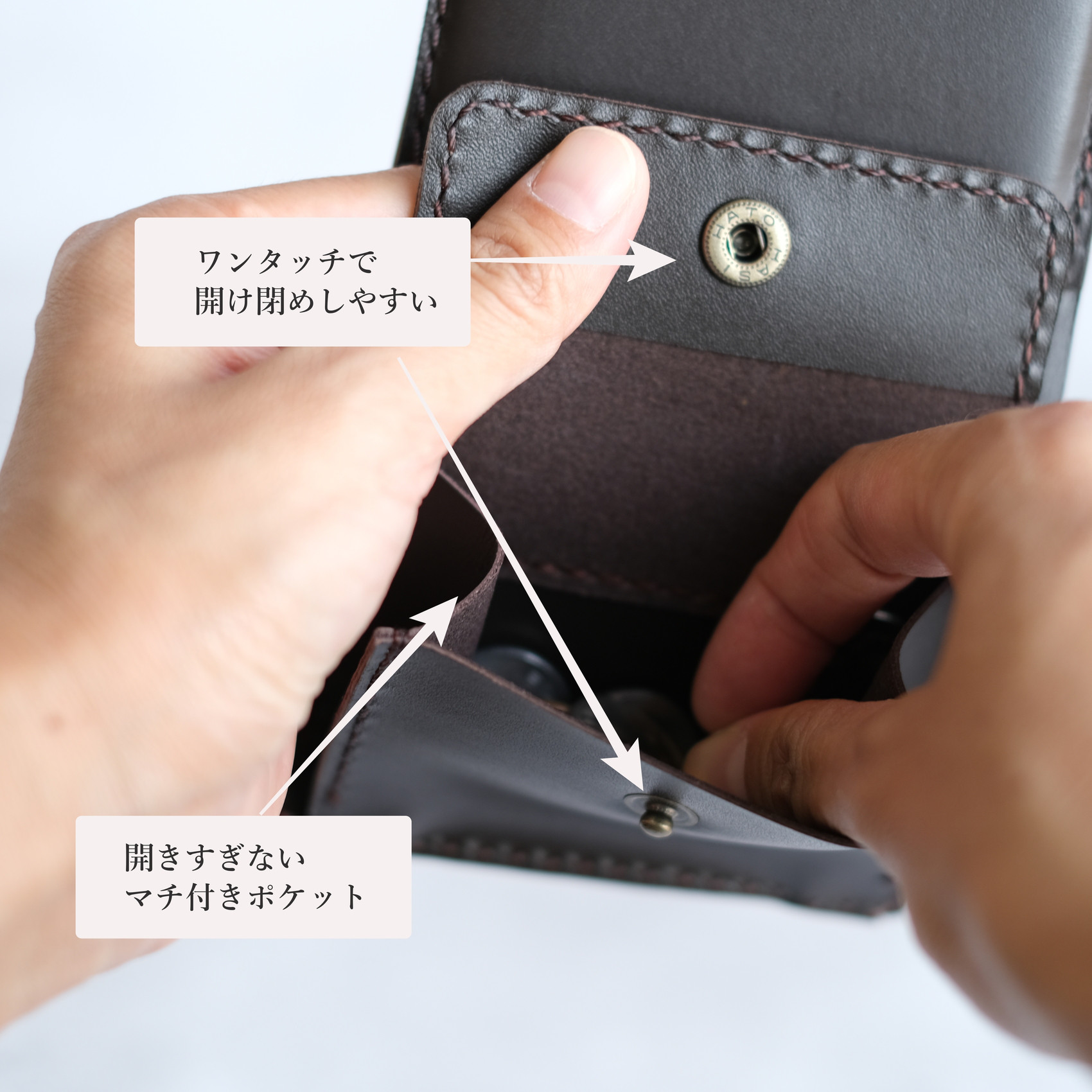 お札を折らない［猫のちいさなお財布　本革　手縫い　ミニ財布　三つ折り　4色　手縫い　春財布　猫　ネコ　ねこ