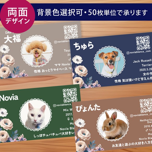 【受注後制作】背景色を選べる ペット名刺 『両面版』 50枚 フラワー no.01 1枚目の画像