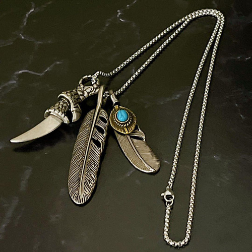 silver 真鍮 ターコイズ ネックレス フェザー メンズ ギフト