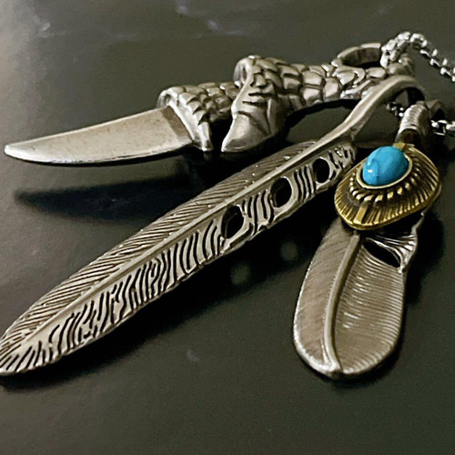 ネイティブアメリカン➳feather革タグ&バッファローターコイズ✨ネックレス② silver 真鍮 ターコイズ ネックレス フェザー メンズ ギフト