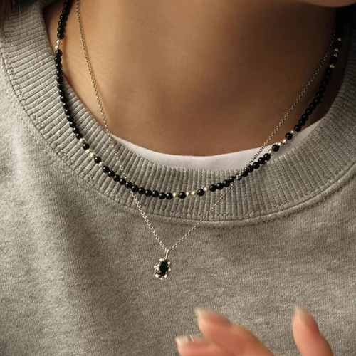 925silver925 ブラック オニキス ビーズシルバーネックレス925 黒瑪瑙