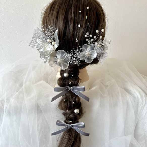 アメリカンフラワー＊シルバー＊髪飾り＊リボン 成人式 卒業式 結婚式 2枚目の画像