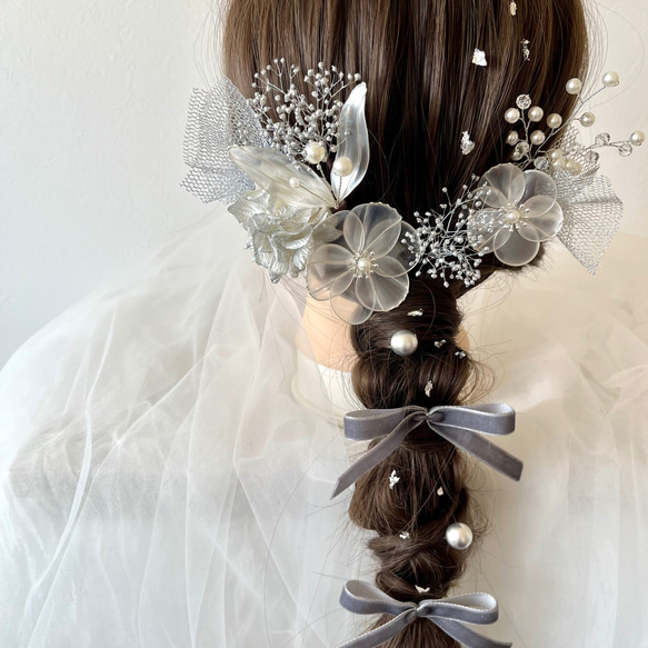 アメリカンフラワー＊シルバー＊髪飾り＊リボン 成人式 卒業式 結婚式 4枚目の画像
