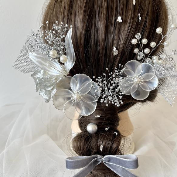 アメリカンフラワー＊シルバー＊髪飾り＊リボン 成人式 卒業式 結婚式 3枚目の画像