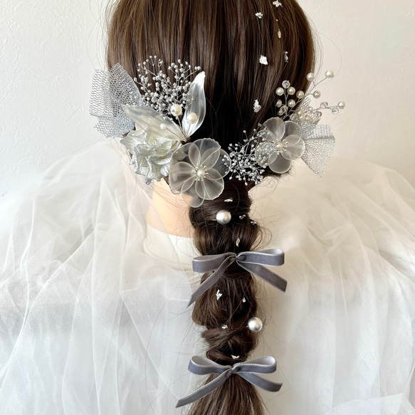 アメリカンフラワー＊シルバー＊髪飾り＊リボン 成人式 卒業式 結婚式 1枚目の画像