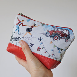 [売約済]フランス生地赤いジャガード織ポーチ、パリの風景 2枚目の画像