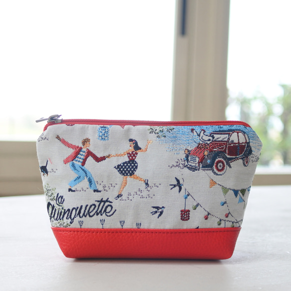 [売約済]フランス生地赤いジャガード織ポーチ、パリの風景 1枚目の画像