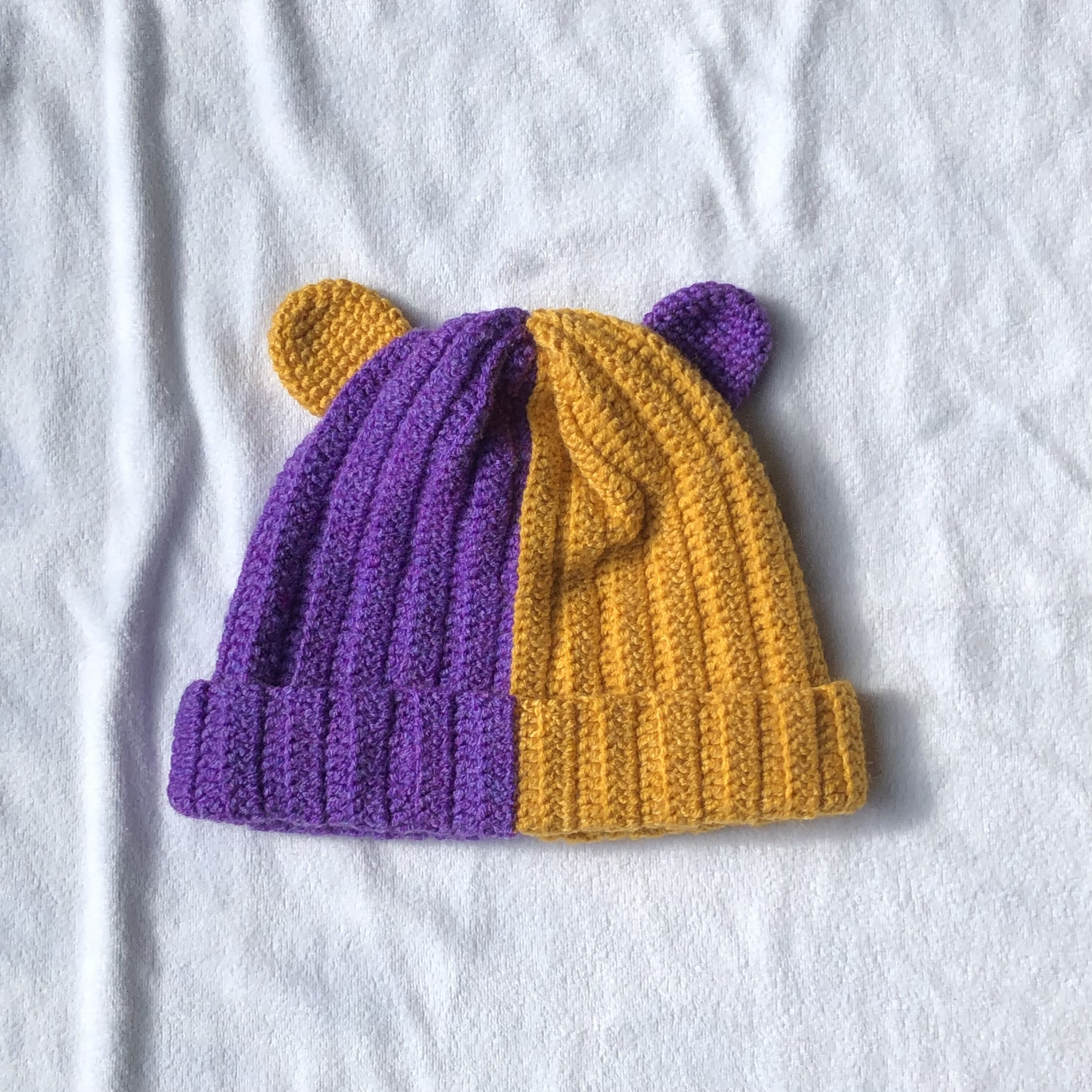 かぎ針編み くまさんニット帽ツートン 黄色×紫 キッズ用 帽子