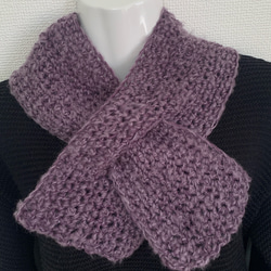 a47】極ふわっ モヘア パープル リボン クロス ショート マフラー