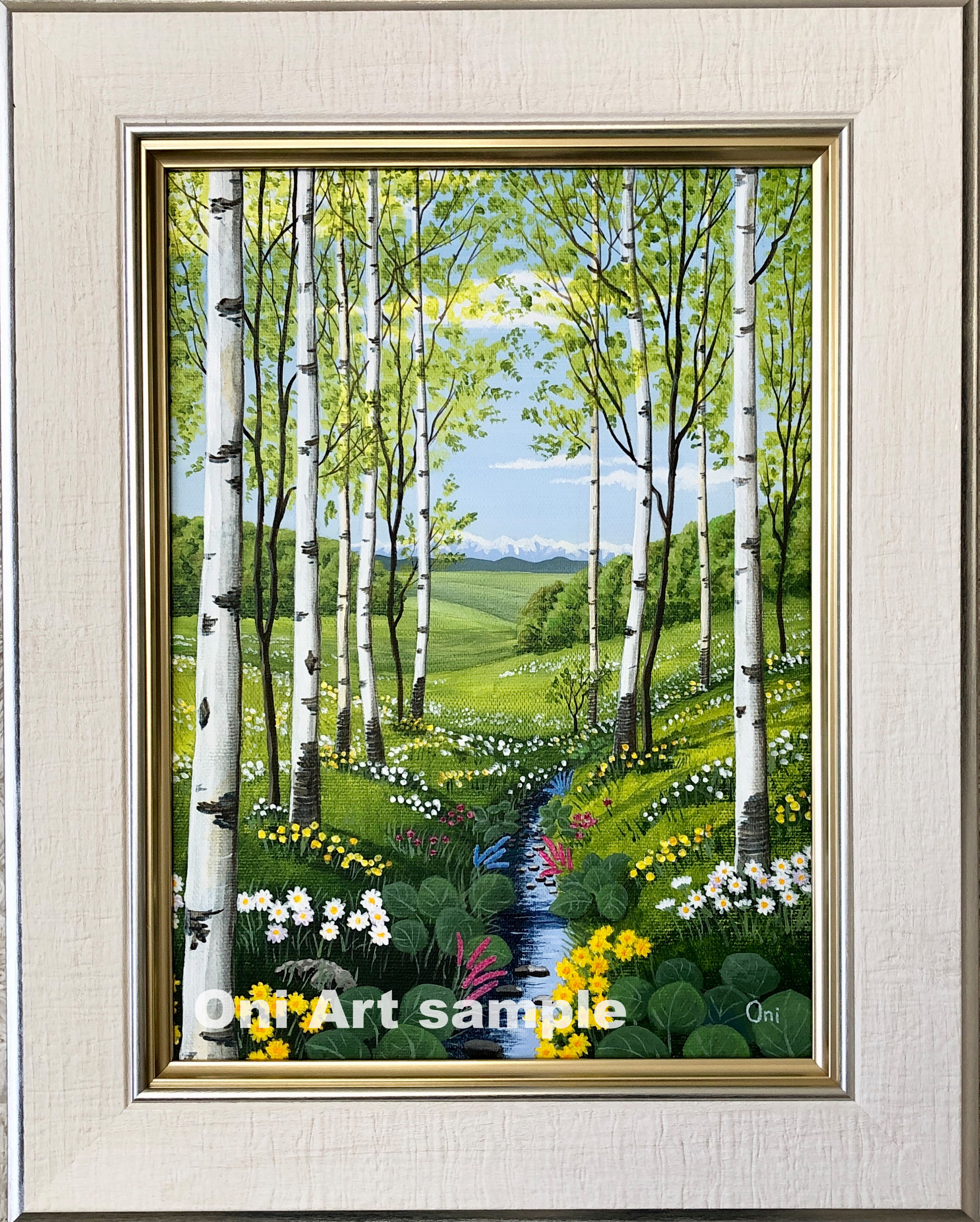 野花の咲くフィールド03」アクリル画 額縁付 原画 キャンバス F4