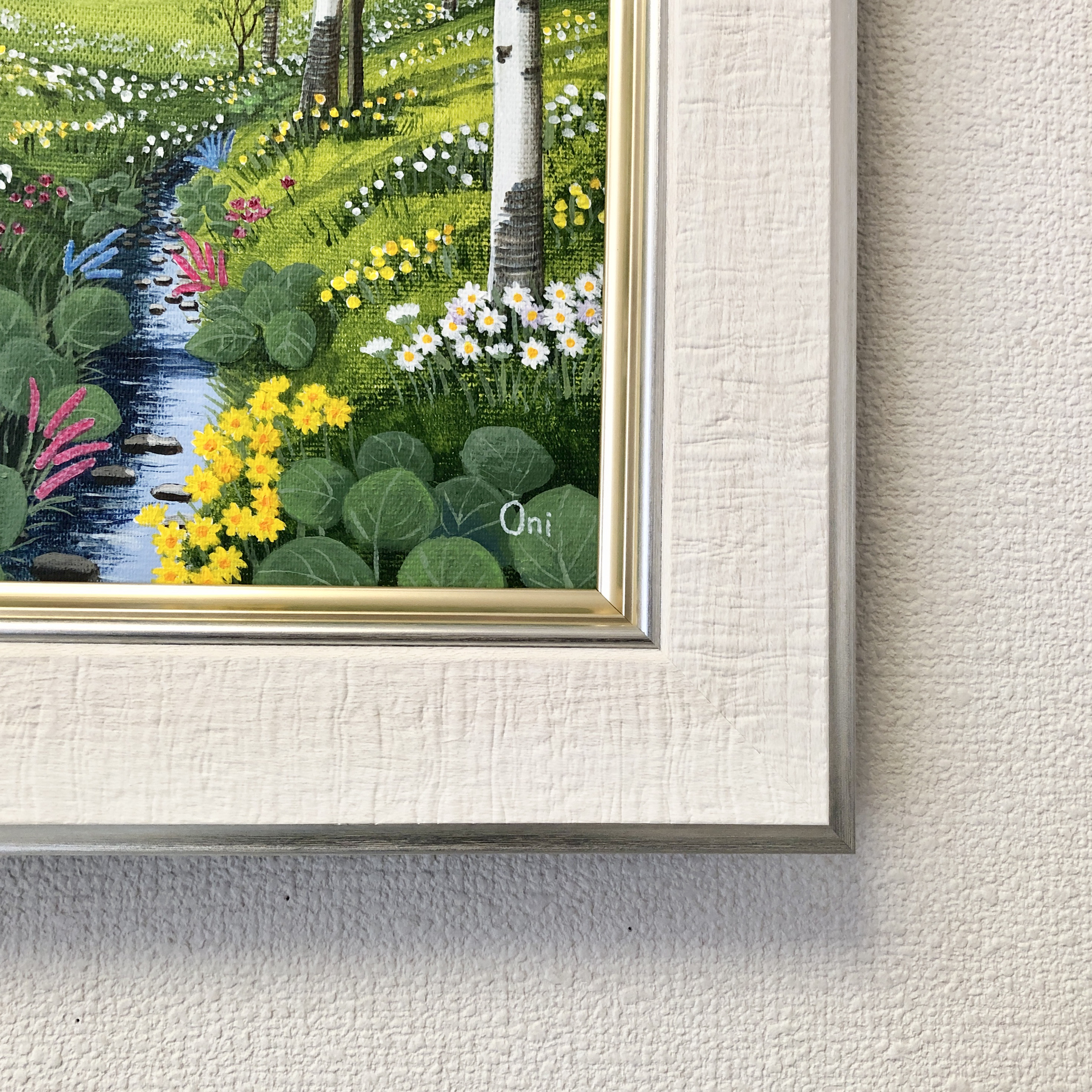 『1年保証』 野花の咲くフィールド03」アクリル画 額縁付 原画 キャンバス F4 絵画