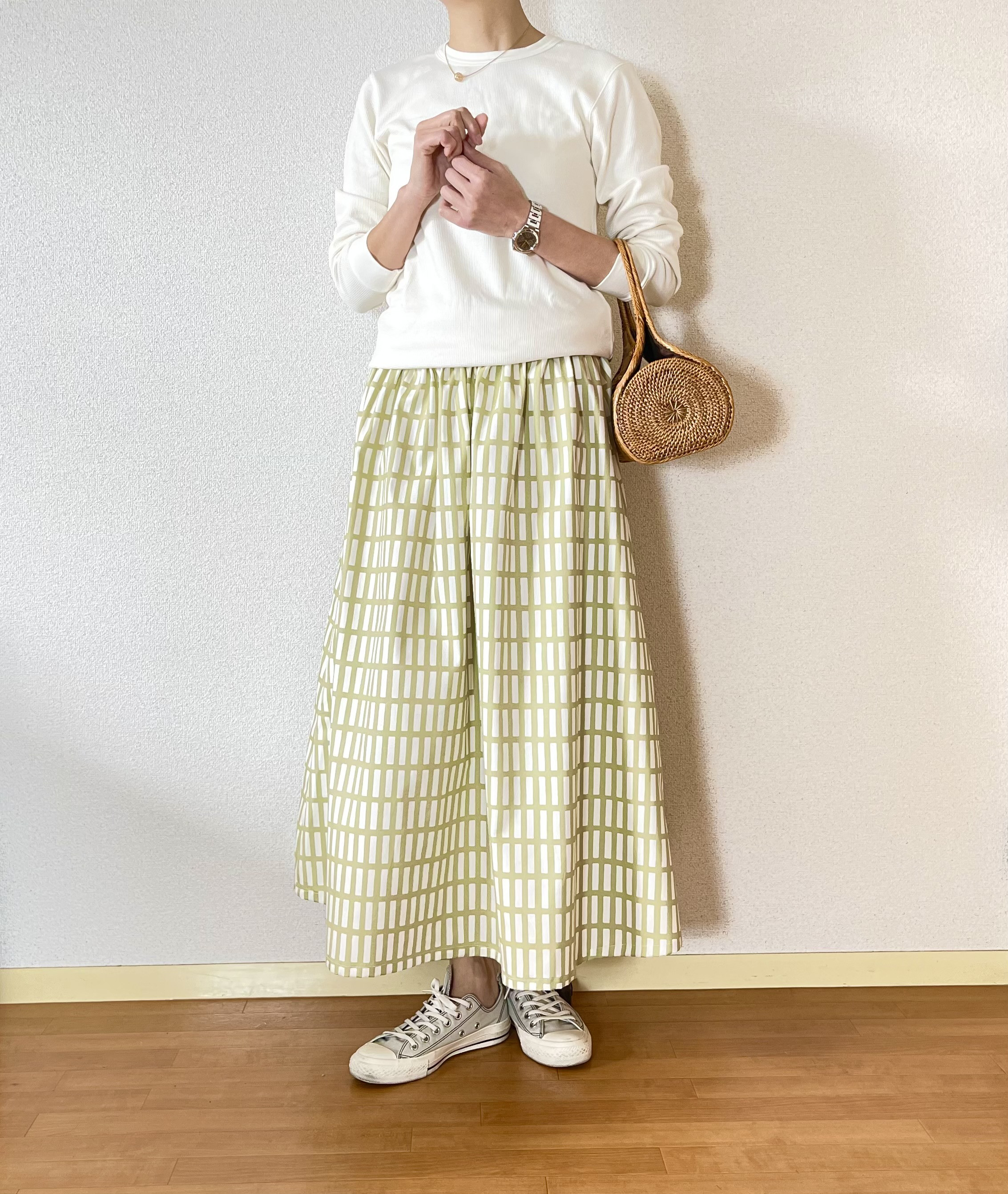 一年中楽しめる♪北欧柄ギャザースカート　ソフトグリーン　【サイズSから４L】ウエスト変更可