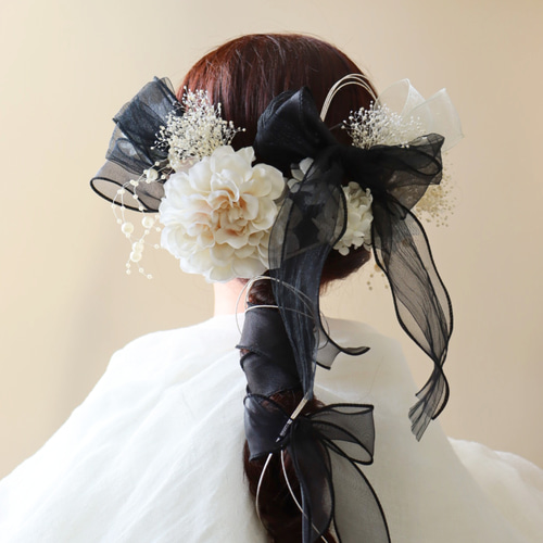 黒の振袖や袴の方に、黒のリボン髪飾り 成人式用髪飾り 卒業式ヘア飾り