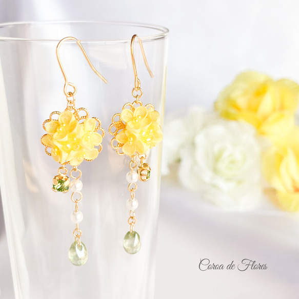 菜の花のピアス/イヤリング つまみ細工 正絹羽二重 シルク ピアス