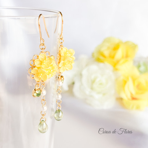 菜の花のピアス/イヤリング つまみ細工 正絹羽二重 シルク ピアス