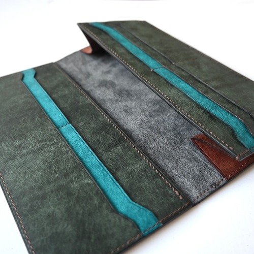長財布【フォレストグリーン×ターコイズ】ロングウォレット　イタリアンレザー 長財布【フォレストグリーン×ターコイズ】ロングウォレット イタリアン