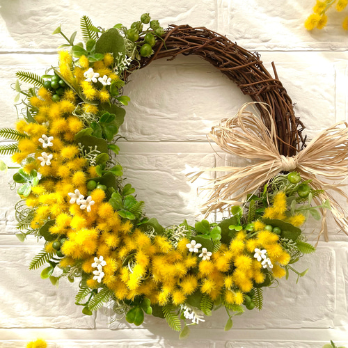 春の訪れ＊ふんわりミモザ＊イエローグリーンリース＊ラフィアリボン