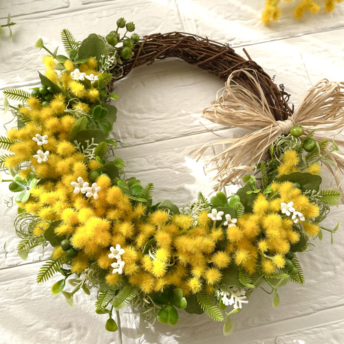 春の訪れ＊ふんわりミモザ＊イエローグリーンリース＊ラフィアリボン