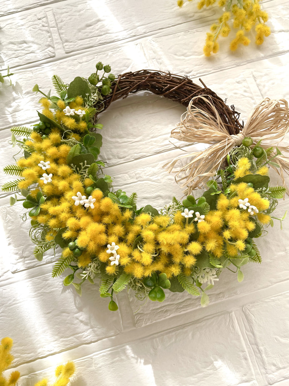 春の訪れ＊ふんわりミモザ＊イエローグリーンリース＊ラフィアリボン