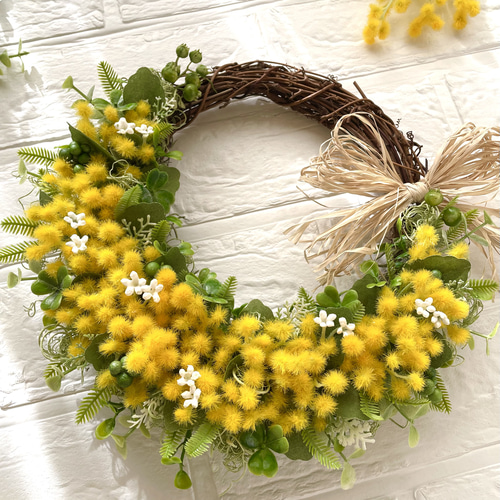 春の訪れ＊ふんわりミモザ＊イエローグリーンリース＊ラフィアリボン