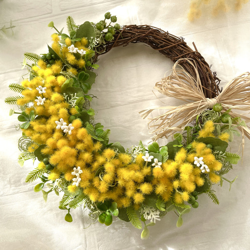 春の訪れ＊ふんわりミモザ＊イエローグリーンリース＊ラフィアリボン