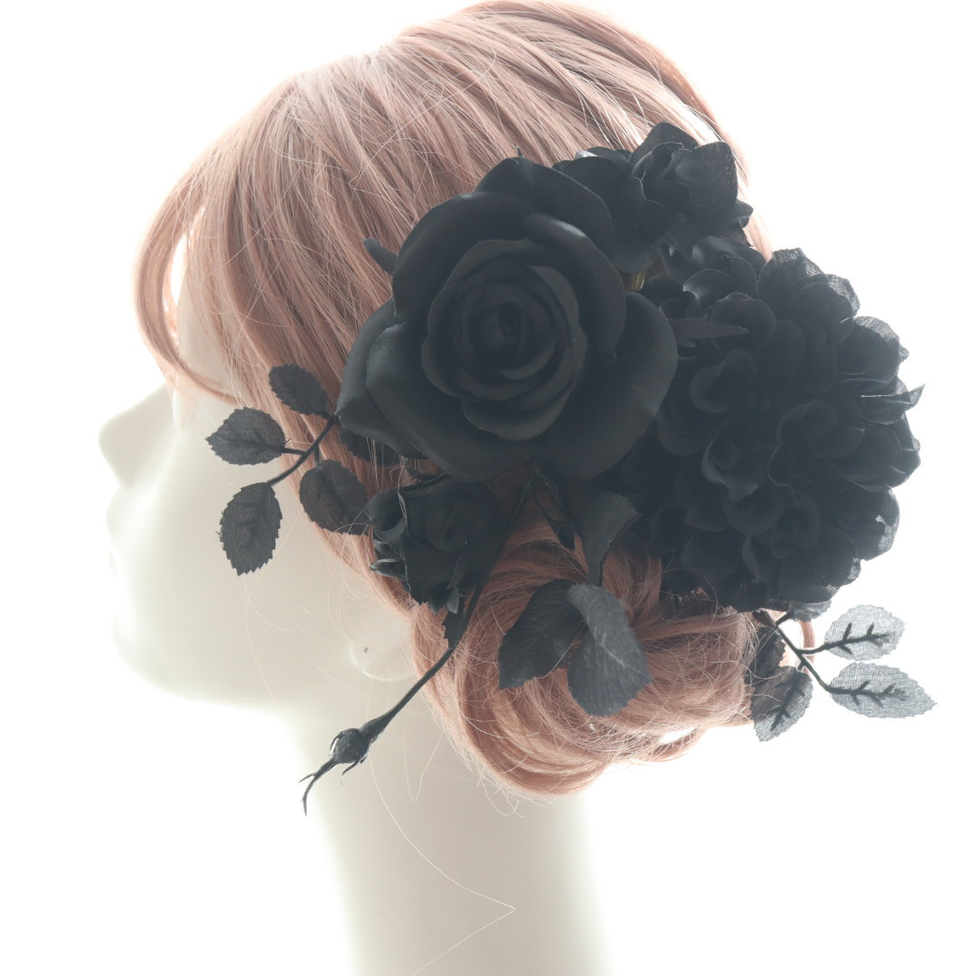 ヘッドドレス　髪飾り　薔薇　バラ　黒　ブラック　ダリア　結婚式　成人式　卒業式　ブライダル　ヘアアクセサリー