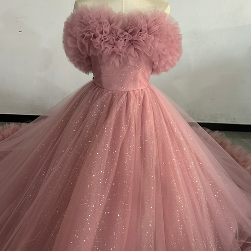 人気上昇！カラードレス ピンク オフショルダー キラキラチュール