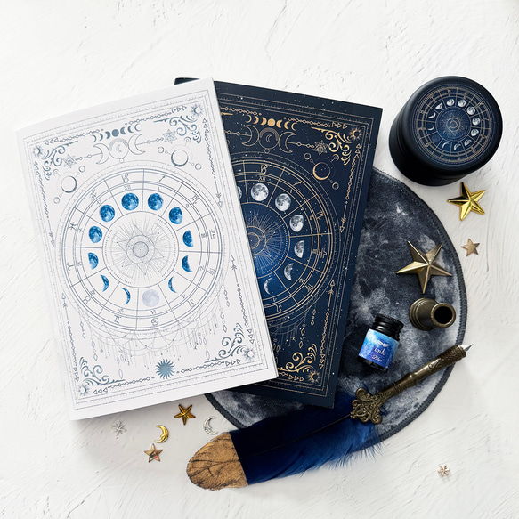 魔法の本のようなノート 月の満ち欠け・12星座（ホワイト・ブルー