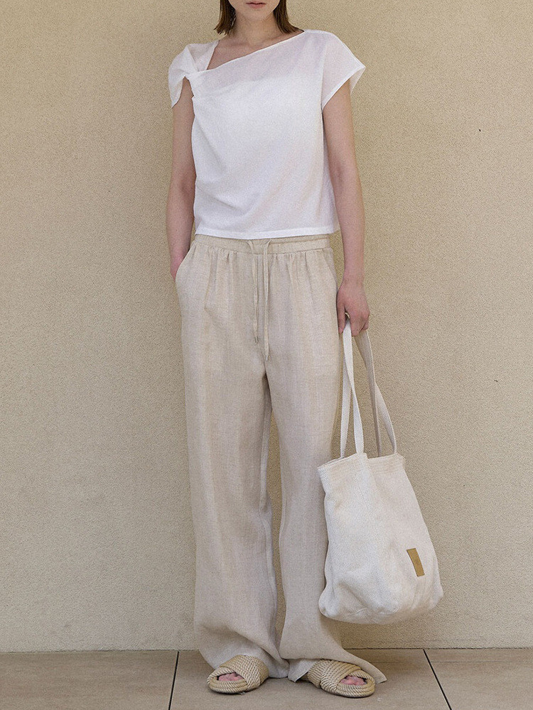 純亜麻通勤ロングパンツ 春夏パンツ松ストレートパンツ