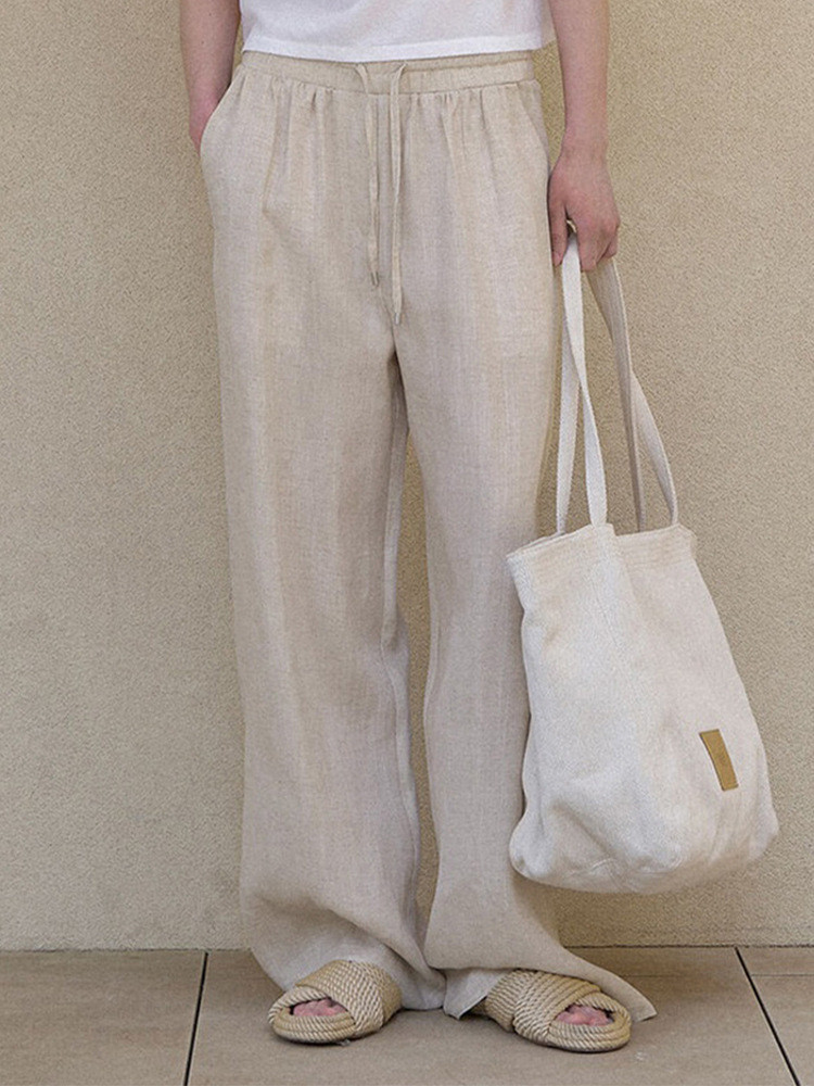 純亜麻通勤ロングパンツ 春夏パンツ松ストレートパンツ