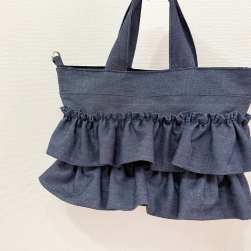 お見舞い MITA】たっぷりフリルのデニムフリルバッグ/ショルダーにも トートバッグ