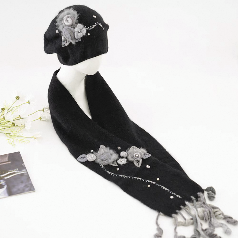 春、ニット帽子とマフラーの2点セット、ウール、秋、母の日、敬老の日、ブラック