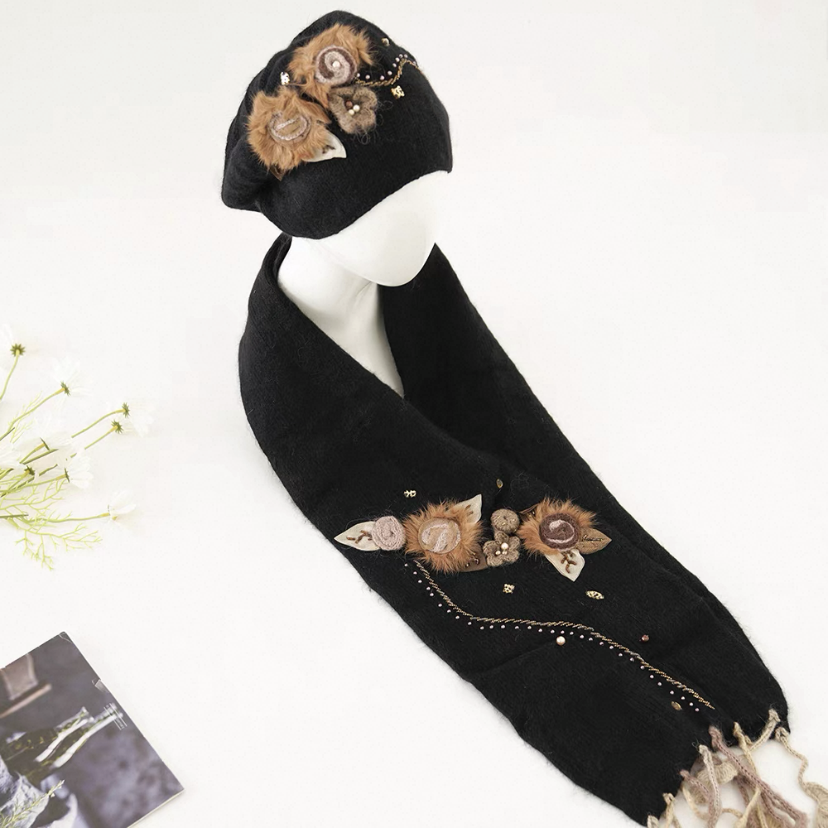 春、ニット帽子とマフラーの2点セット、ウール、秋、母の日、敬老の日、ブラック