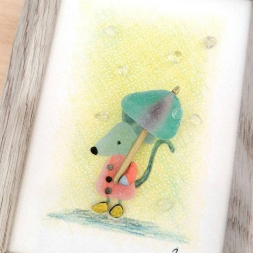 シーグラスアート「あめふりくまのこ♡」 梅雨 紫陽花