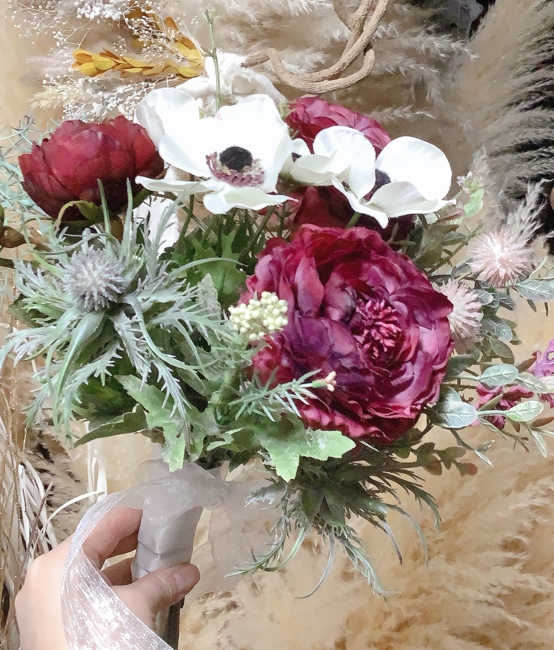 大人パープルミモザ入り・アーティフィシャルバスケットブーケ❤︎流れるグリーン❤︎ブライダル・インテリアに