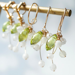 「すずらん」ムーンストーン ペリドット 天然石 誕生石 春 シンプル ピアス イヤリング 14kgf 1枚目の画像