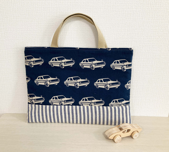 30x40エチノ車柄レッスンバッグ ネイビー レッスンバッグ がたごとぶー