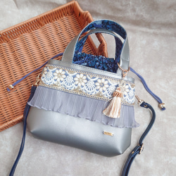 希少生地 インド刺繍生地巾着バッグ ミニバッグ ハンドメイド