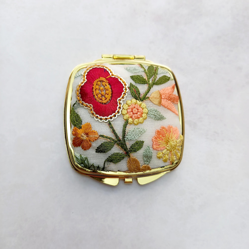 華やかインド刺繍リボンのコンパクトミラー＊花柄＊スクエア型 手鏡
